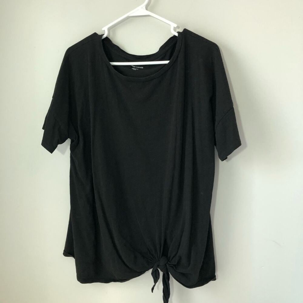 Eileen Fisher black organic cotton tshirt womens medium asymmetrical hem knot